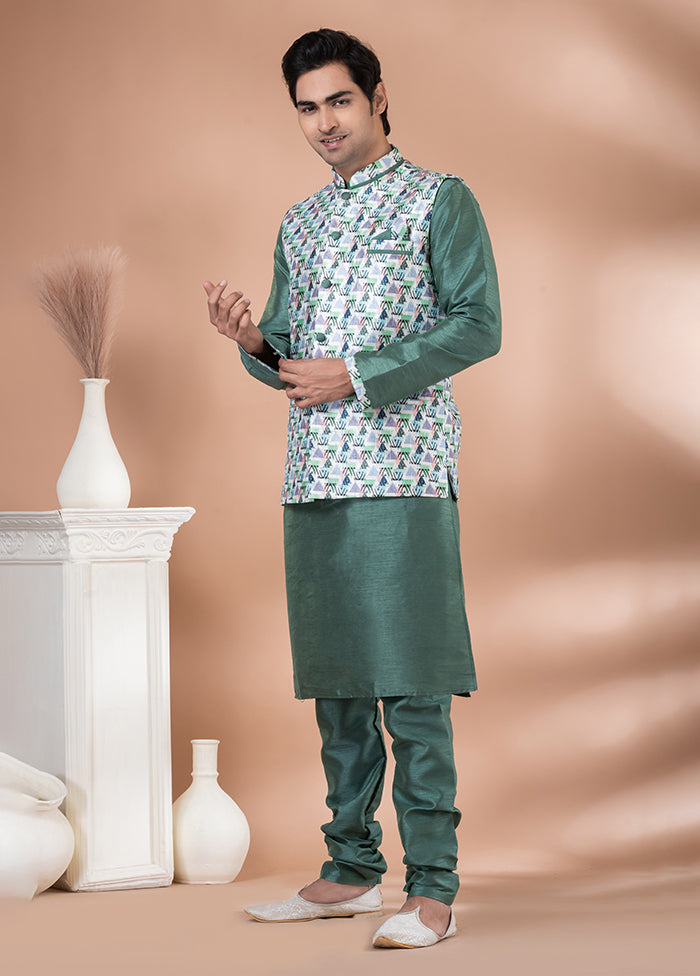 3 Pc Green Silk Kurta Pajama with Jacket Set