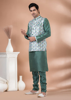 3 Pc Green Silk Kurta Pajama with Jacket Set