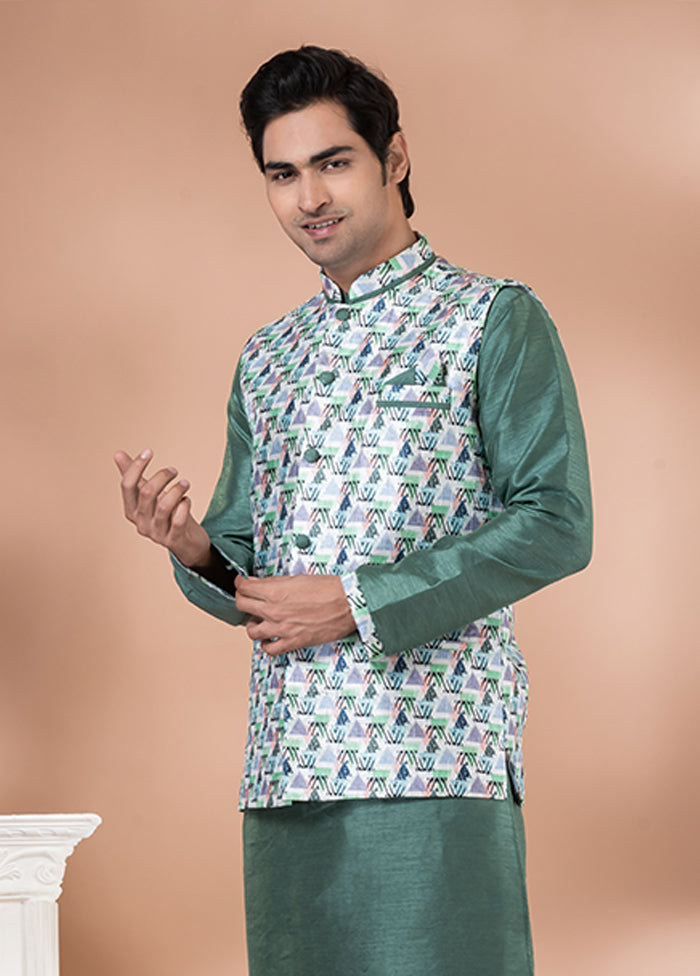 3 Pc Green Silk Kurta Pajama with Jacket Set