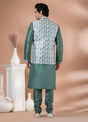 3 Pc Green Silk Kurta Pajama with Jacket Set