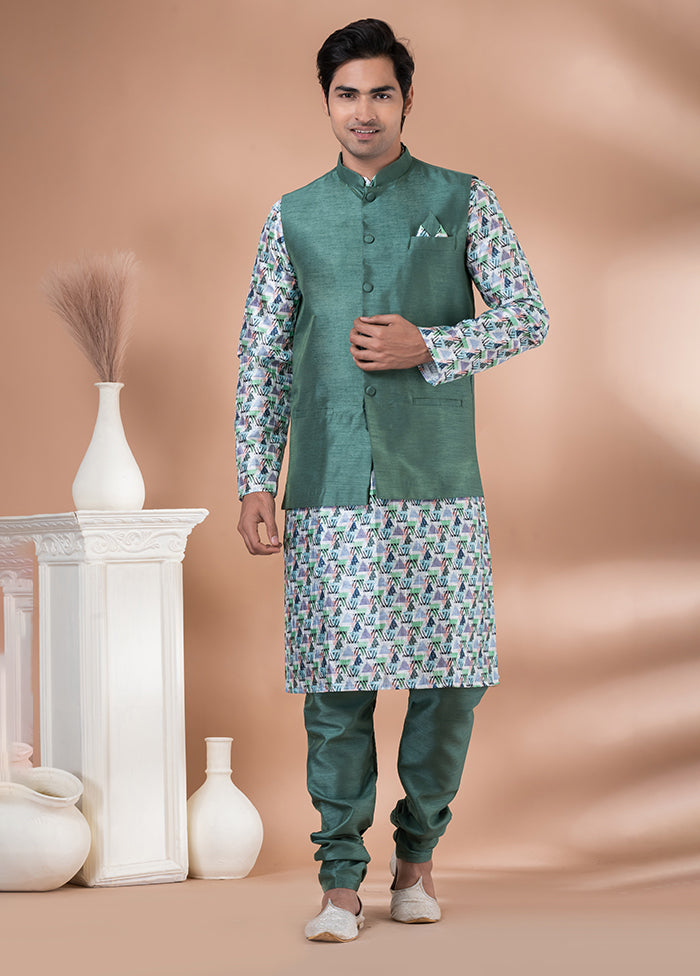 3 Pc Multicolor Silk Kurta Pajama with Jacket Set
