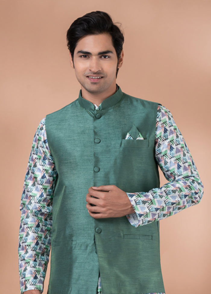 3 Pc Multicolor Silk Kurta Pajama with Jacket Set