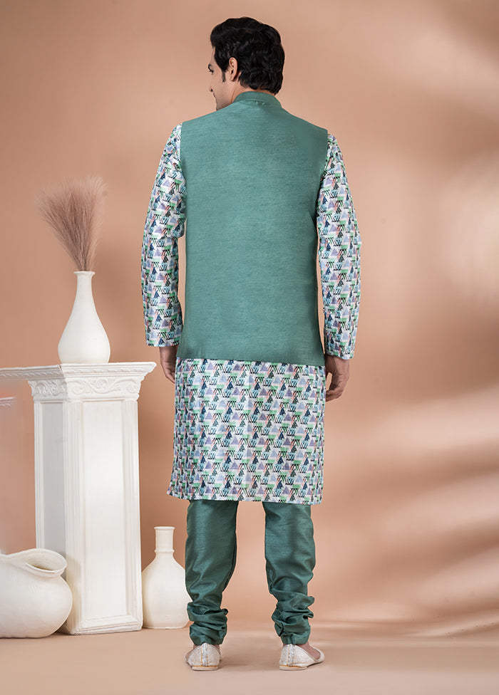 3 Pc Multicolor Silk Kurta Pajama with Jacket Set
