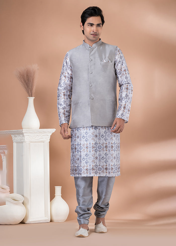 3 Pc Multicolor Silk Kurta Pajama with Jacket Set