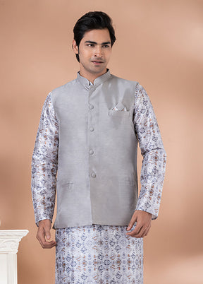 3 Pc Multicolor Silk Kurta Pajama with Jacket Set