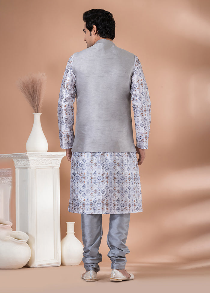 3 Pc Multicolor Silk Kurta Pajama with Jacket Set