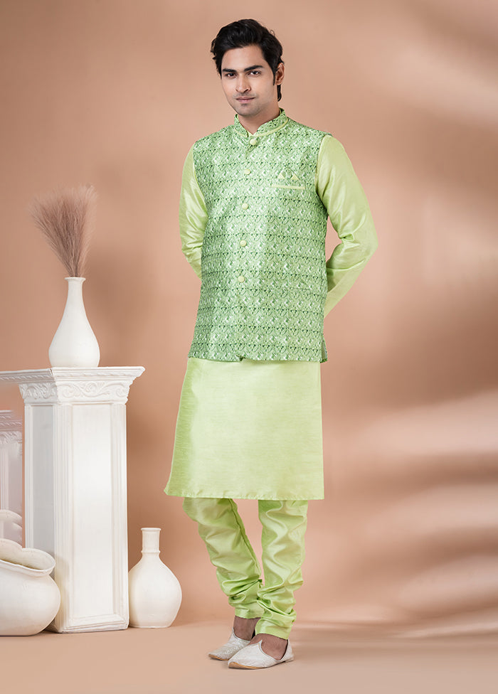 3 Pc Green Silk Kurta Pajama with Jacket Set