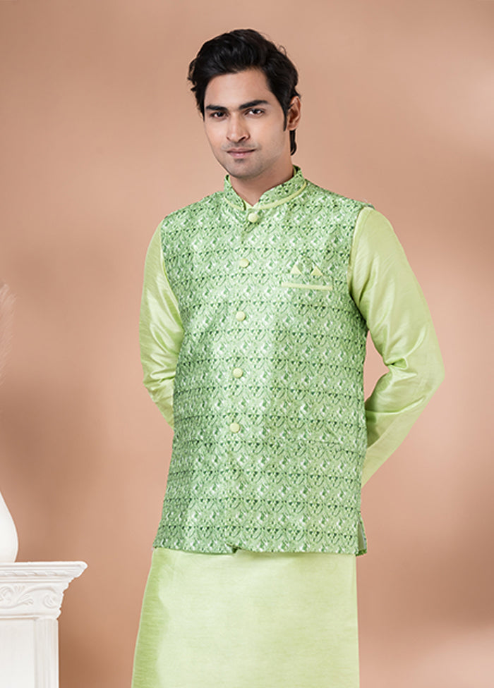 3 Pc Green Silk Kurta Pajama with Jacket Set