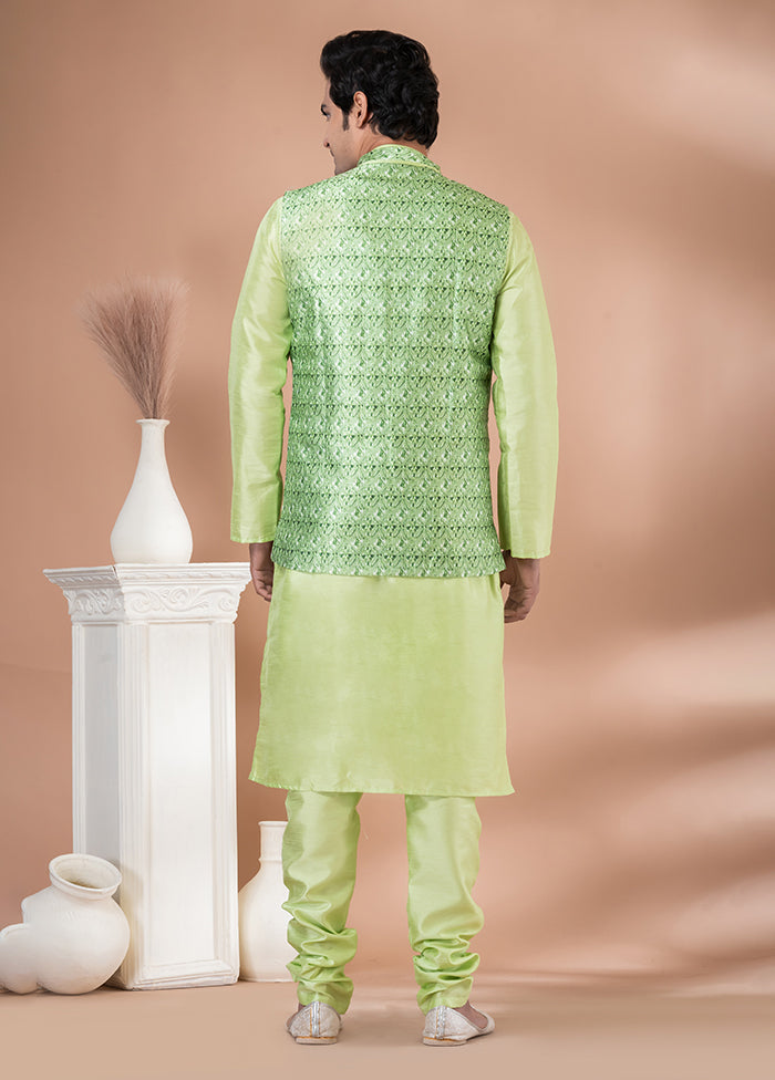 3 Pc Green Silk Kurta Pajama with Jacket Set