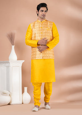 3 Pc Yellow Silk Kurta Pajama with Jacket Set