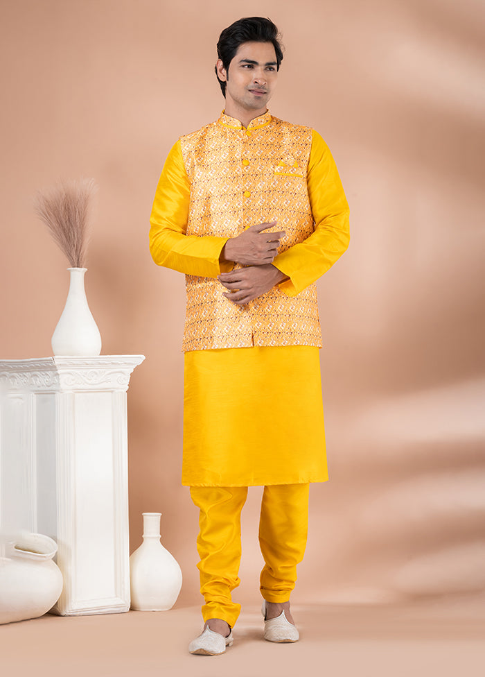 3 Pc Yellow Silk Kurta Pajama with Jacket Set