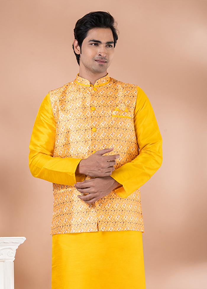 3 Pc Yellow Silk Kurta Pajama with Jacket Set