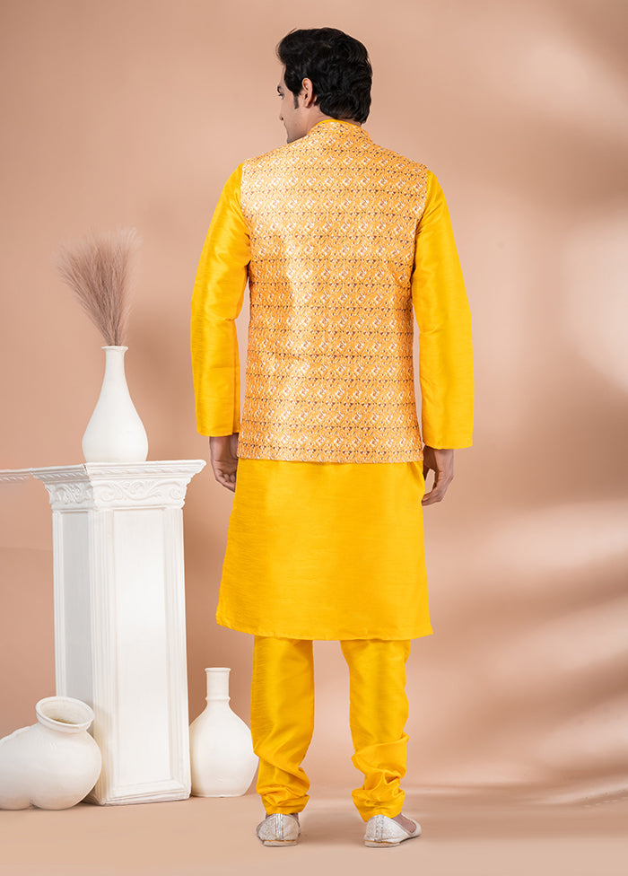 3 Pc Yellow Silk Kurta Pajama with Jacket Set