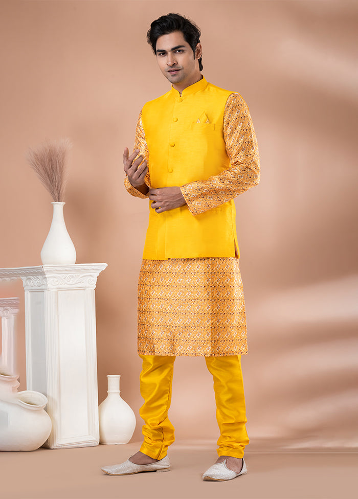 3 Pc Multicolor Silk Kurta Pajama with Jacket Set