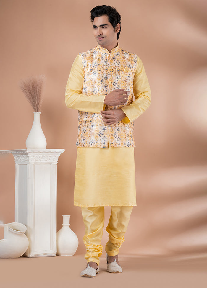 3 Pc Yellow Silk Kurta Pajama with Jacket Set