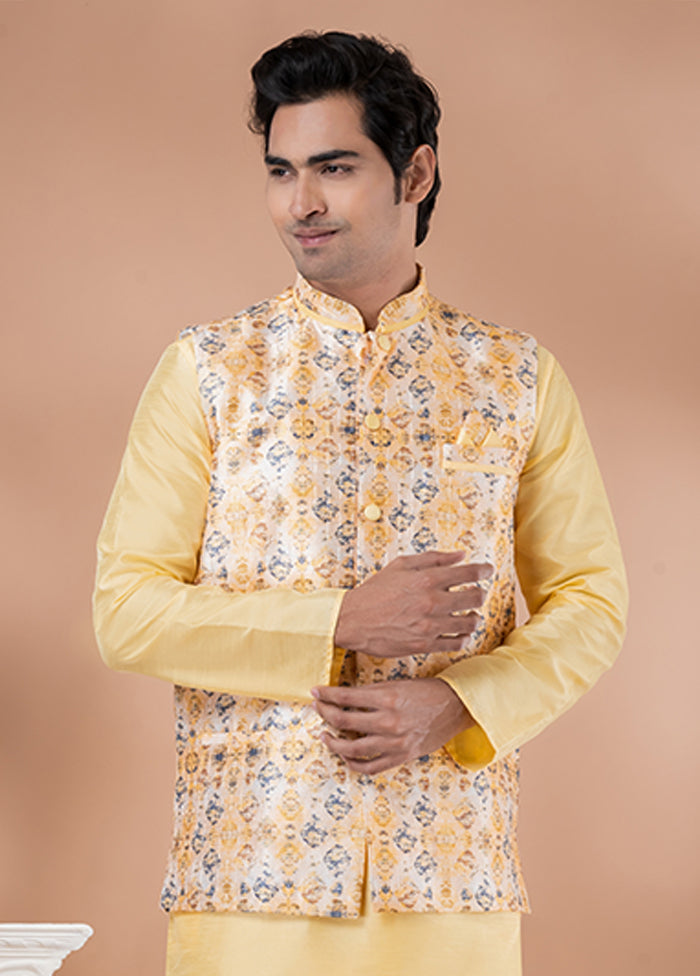 3 Pc Yellow Silk Kurta Pajama with Jacket Set