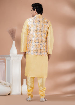3 Pc Yellow Silk Kurta Pajama with Jacket Set