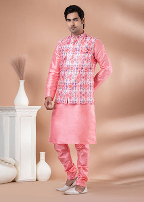 3 Pc Pink Silk Kurta Pajama with Jacket Set