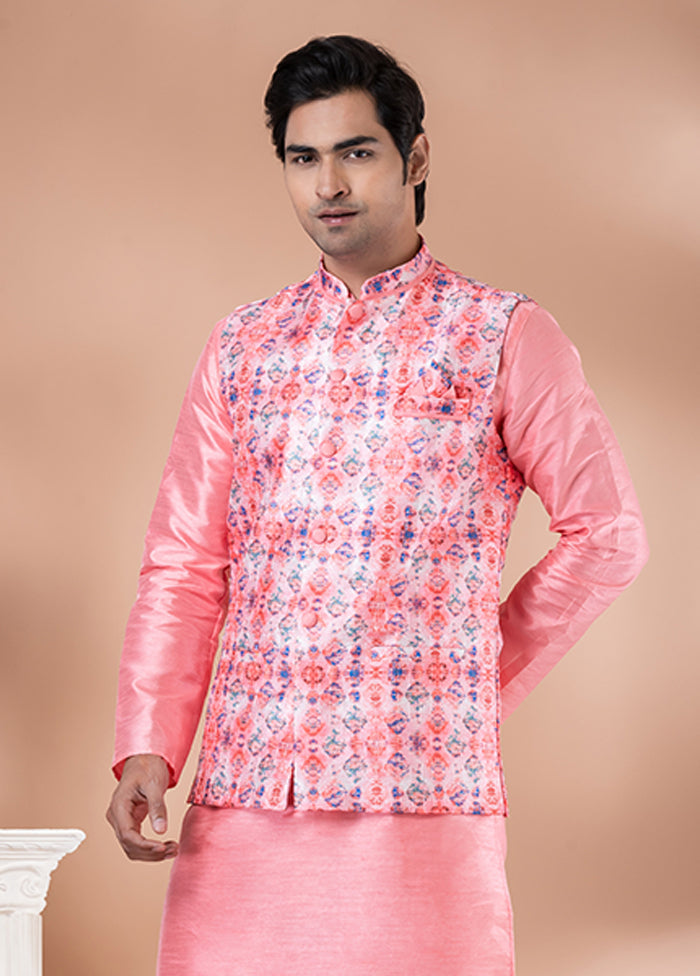 3 Pc Pink Silk Kurta Pajama with Jacket Set