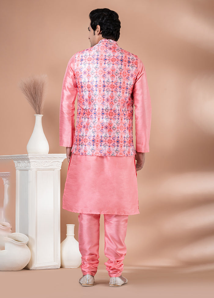 3 Pc Pink Silk Kurta Pajama with Jacket Set