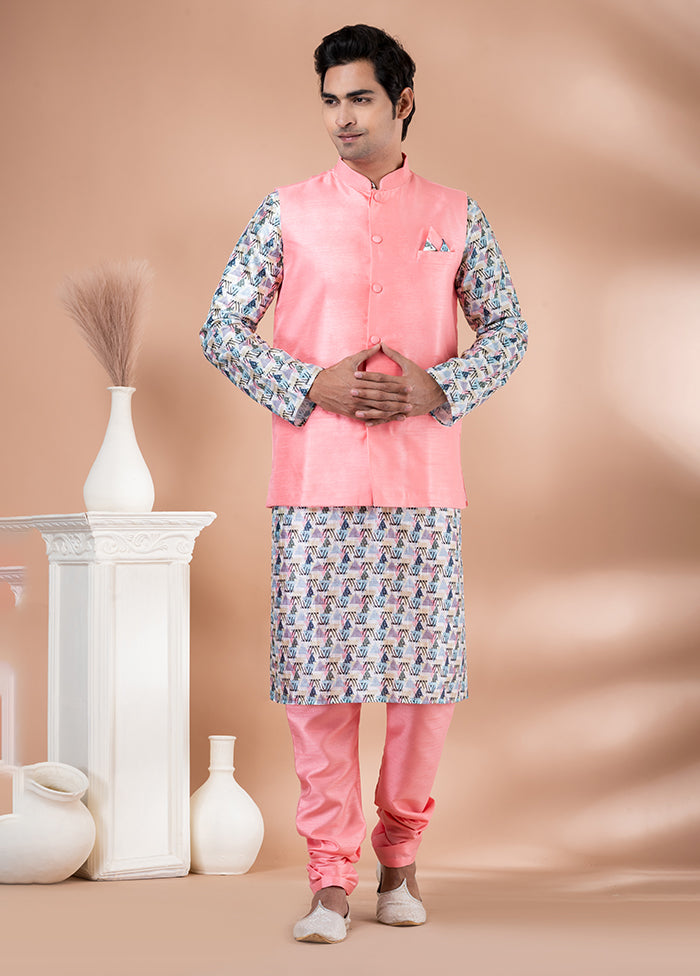 3 Pc Multicolor Silk Kurta Pajama with Jacket Set