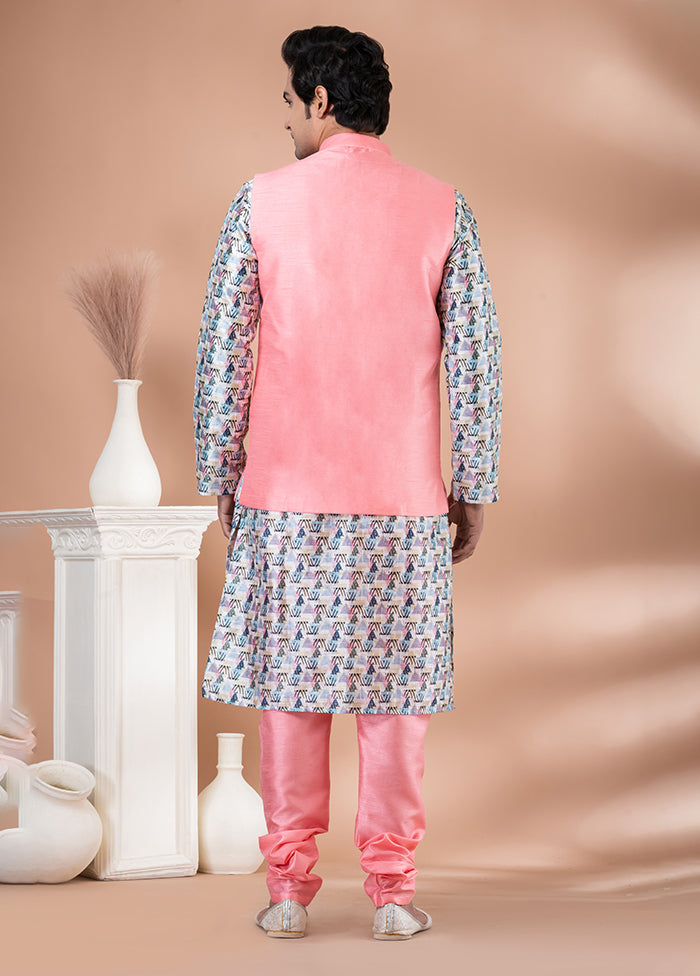 3 Pc Multicolor Silk Kurta Pajama with Jacket Set