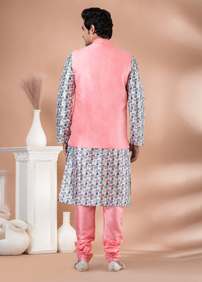 3 Pc Multicolor Silk Kurta Pajama with Jacket Set
