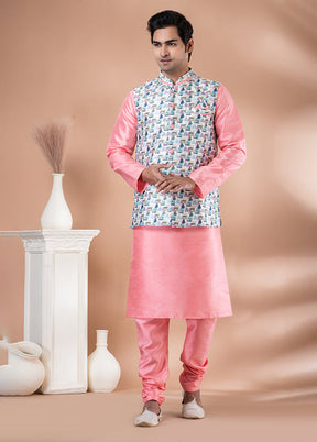 3 Pc Pink Silk Kurta Pajama with Jacket Set