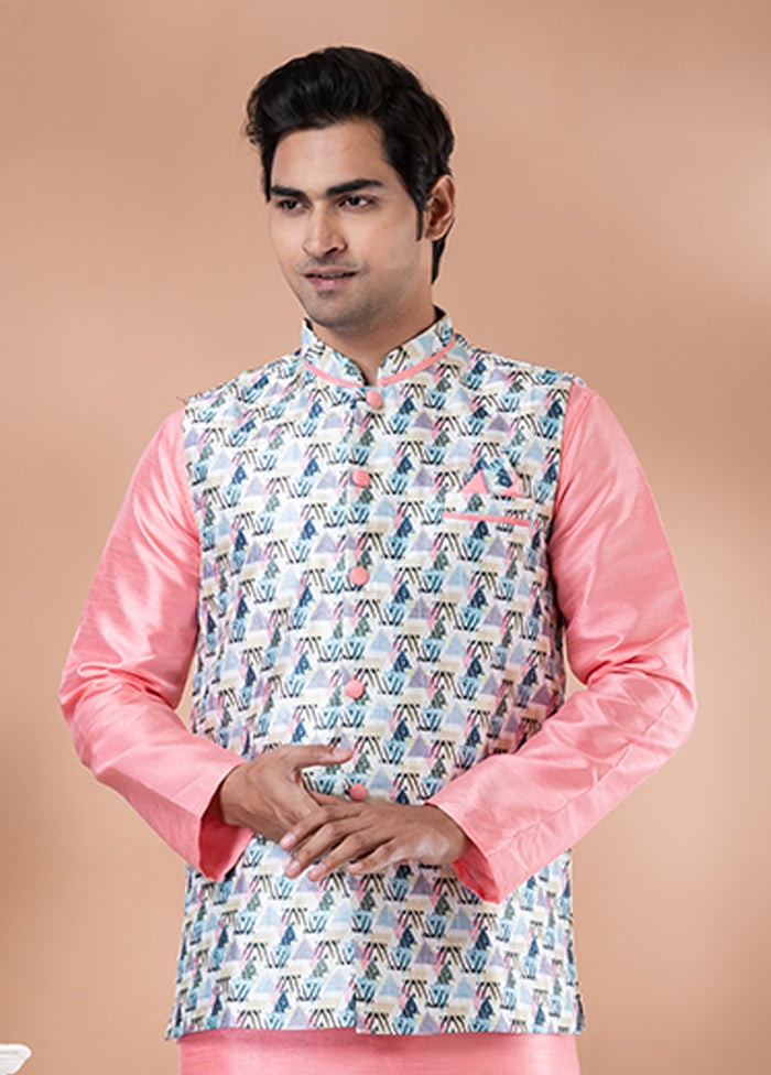 3 Pc Pink Silk Kurta Pajama with Jacket Set