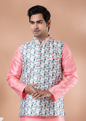 3 Pc Pink Silk Kurta Pajama with Jacket Set