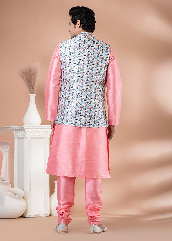 3 Pc Pink Silk Kurta Pajama with Jacket Set