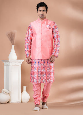 3 Pc Multicolor Silk Kurta Pajama with Jacket Set