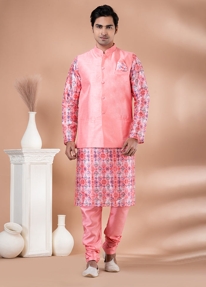 3 Pc Multicolor Silk Kurta Pajama with Jacket Set