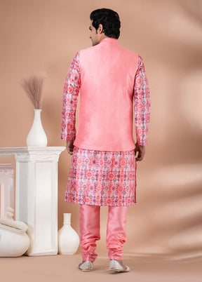 3 Pc Multicolor Silk Kurta Pajama with Jacket Set
