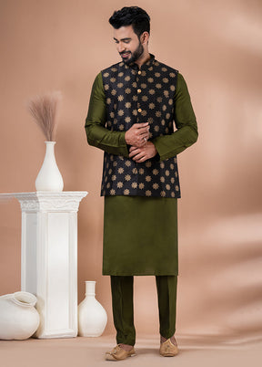 3 Pc Green Silk Kurta Pajama with Jacket Set