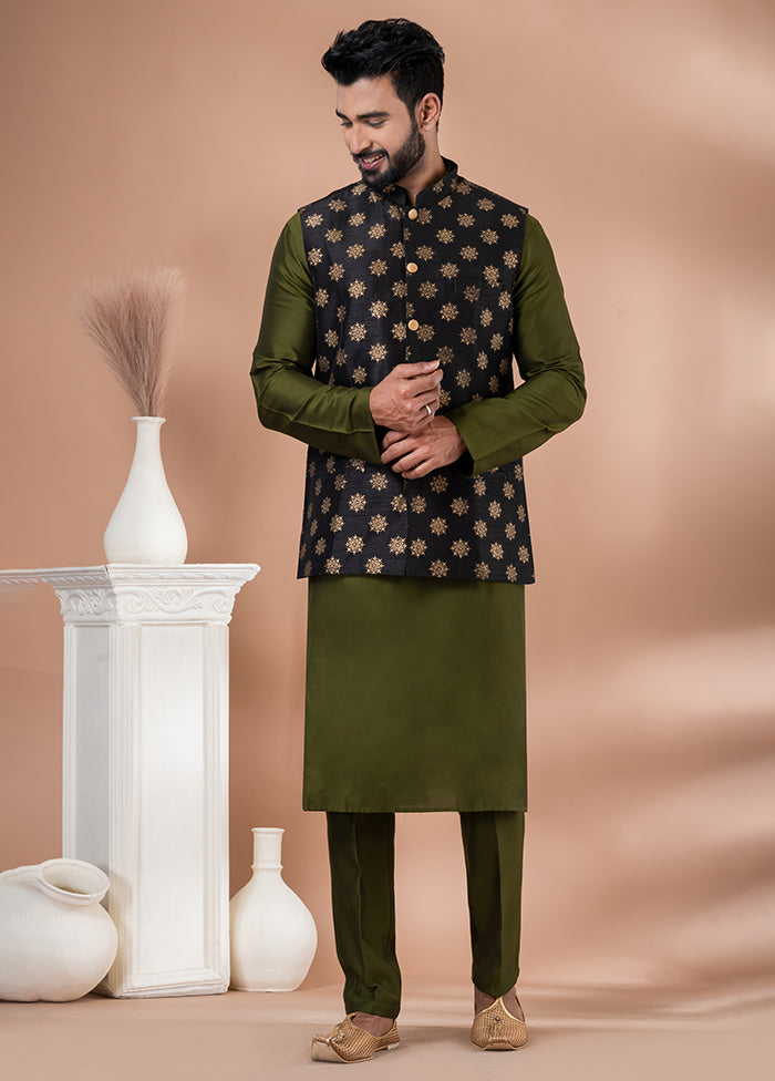 3 Pc Green Silk Kurta Pajama with Jacket Set