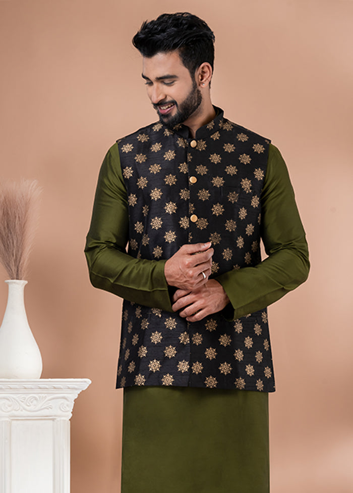 3 Pc Green Silk Kurta Pajama with Jacket Set