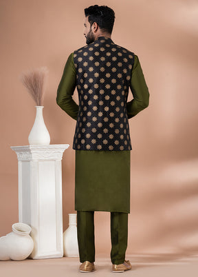 3 Pc Green Silk Kurta Pajama with Jacket Set