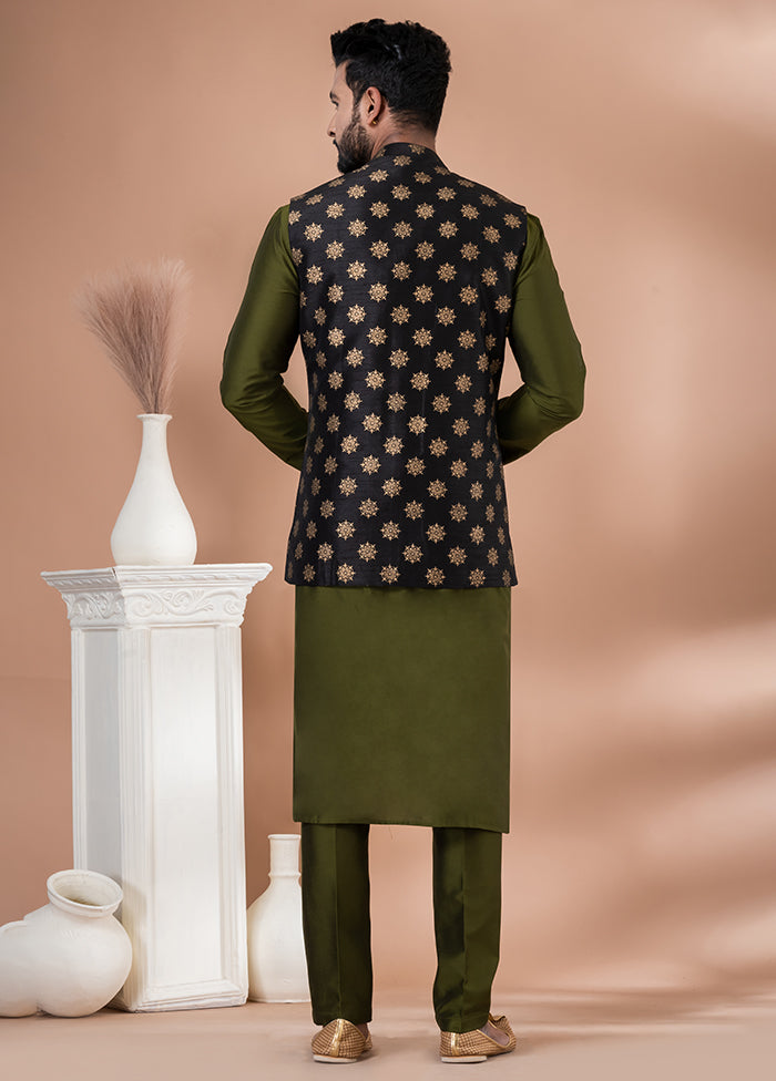3 Pc Green Silk Kurta Pajama with Jacket Set