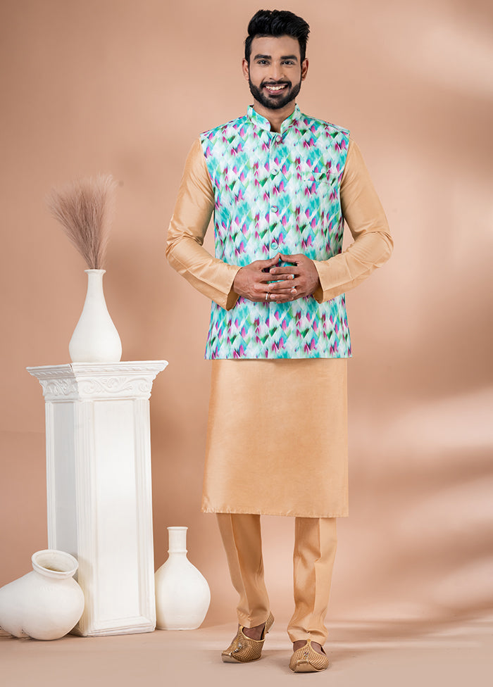 3 Pc Brown Cotton Kurta Pajama with Jacket Set
