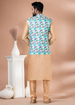 3 Pc Brown Cotton Kurta Pajama with Jacket Set