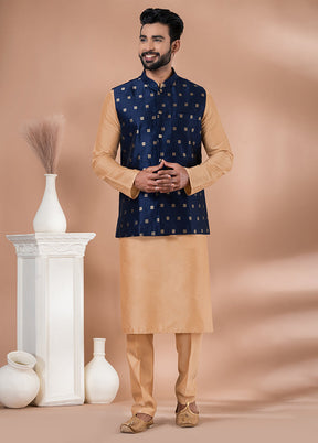 3 Pc Brown Silk Kurta Pajama with Jacket Set