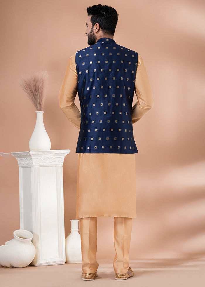 3 Pc Brown Silk Kurta Pajama with Jacket Set