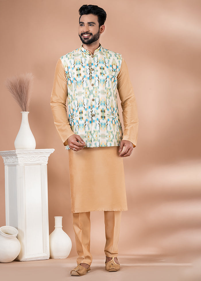 3 Pc Brown Cotton Kurta Pajama with Jacket Set