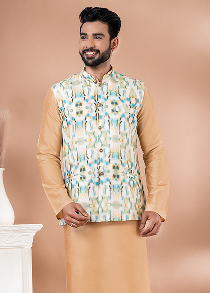 3 Pc Brown Cotton Kurta Pajama with Jacket Set