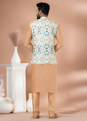 3 Pc Brown Cotton Kurta Pajama with Jacket Set