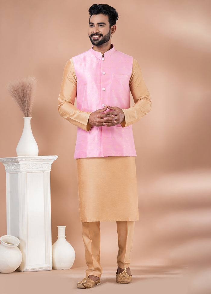 3 Pc Brown Silk Kurta Pajama with Jacket Set