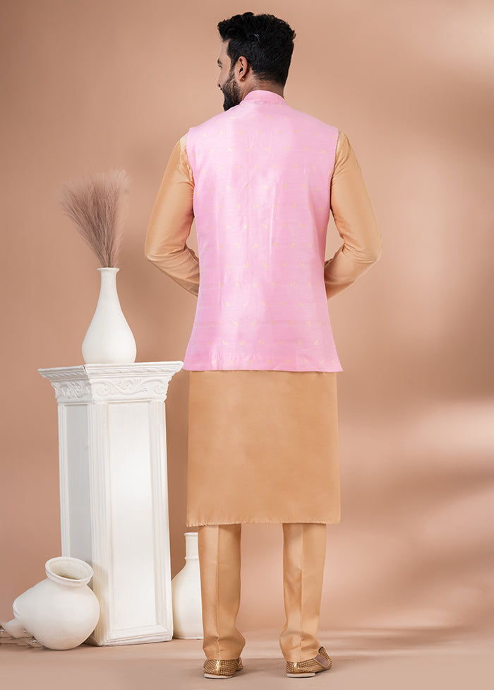 3 Pc Brown Silk Kurta Pajama with Jacket Set