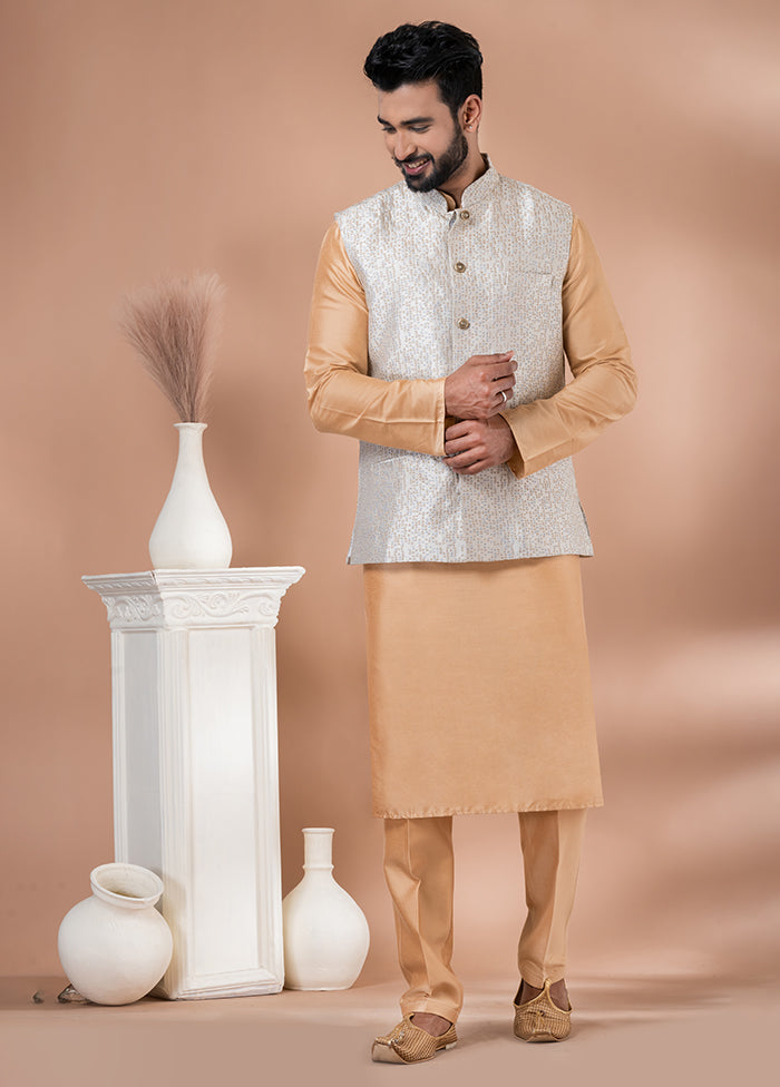 3 Pc Brown Silk Kurta Pajama with Jacket Set
