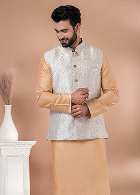 3 Pc Brown Silk Kurta Pajama with Jacket Set